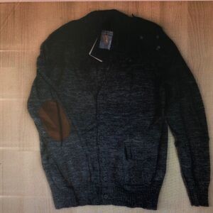 Men's Gray Cardigan Sweater with Brown Elbow Patches